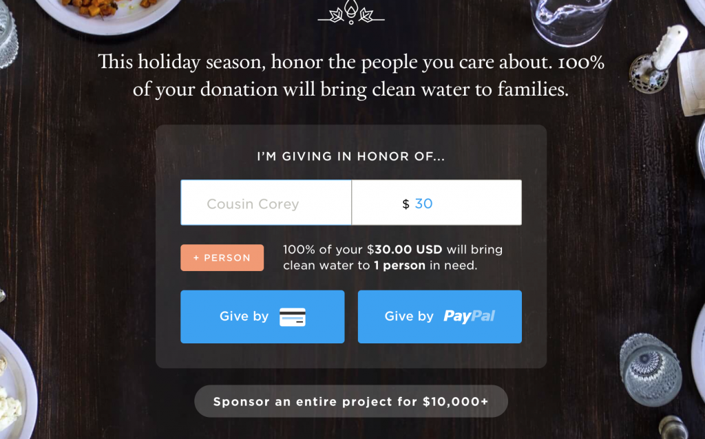 Here is the landing page for CharityWater. It's really a donation page!